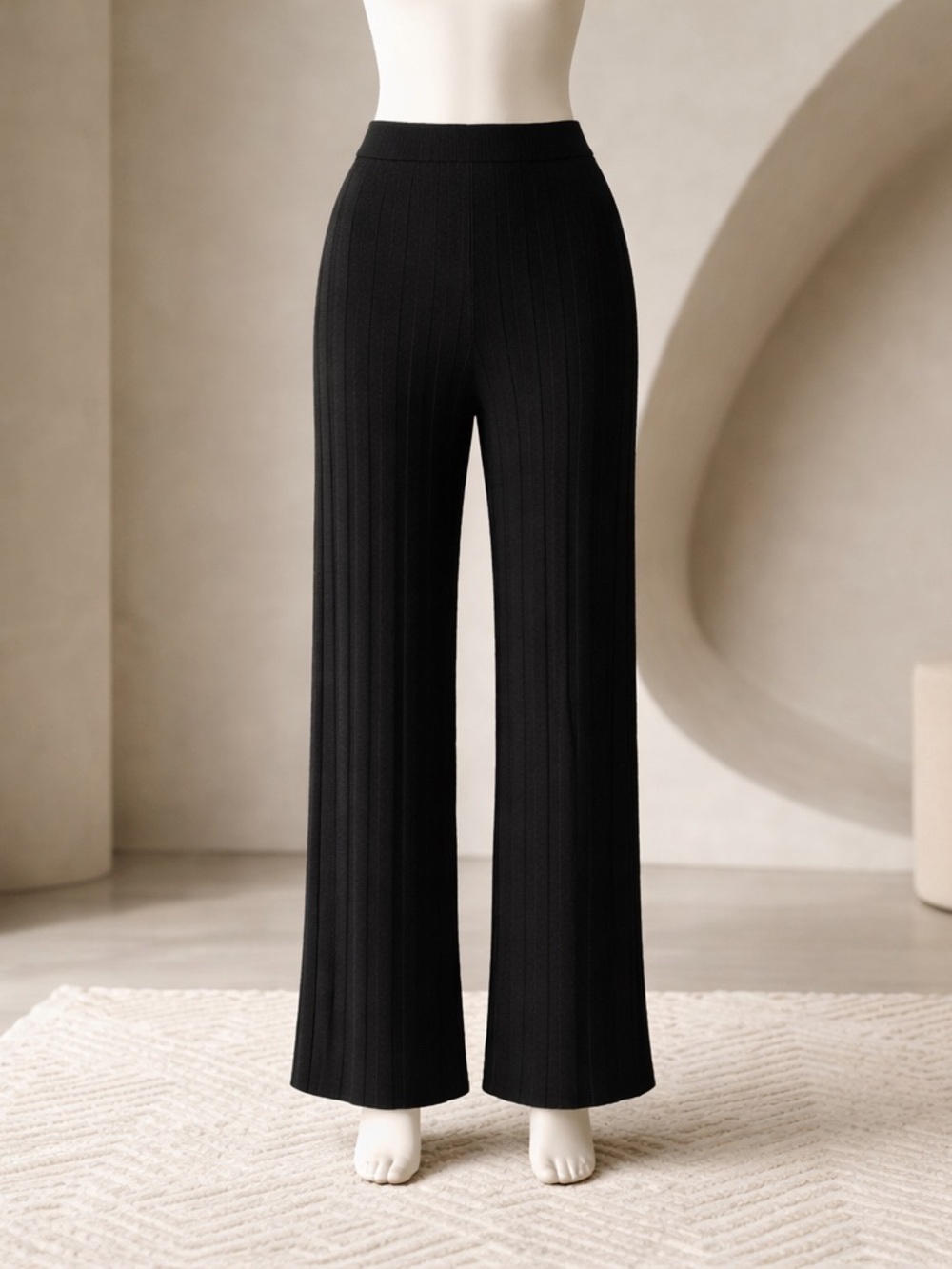 Black Wide-Leg Ribbed Knit Pants